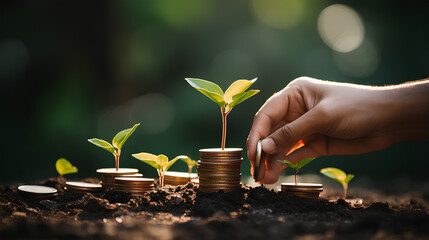 A hand delicately places coins onto a growing stack, intertwined with flourishing plants, all set against a vibrant green backdrop. This visual encapsulates the concept of investing in bonds