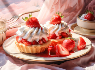 Strawberry pie dessert with strawberries on pink plates,  cheesecake plate with candle on table.