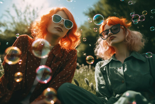 Two Funky Women Blowing Bubles In Park