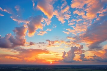Naklejka na ściany i meble Wonderful sunset sky with puffy clouds with vibrant colors - background stock concepts