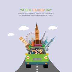 Free vector world tourism day background with car and monuments