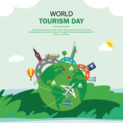 Free vector world tourism day background with world and monuments