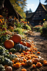 Halloween spooky background, scary jack o lantern pumpkins in creepy dark Happy Haloween ghosts horror mysterious night village street garden with old haunted house mystic backdrop.