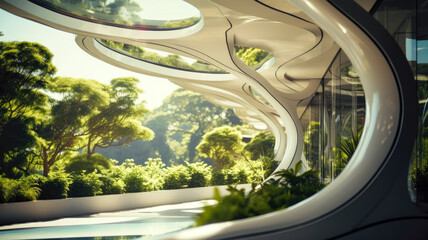 Futuristic architecture eco design, green plants on building facade - obrazy, fototapety, plakaty