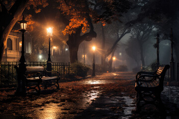 Fototapeta na wymiar Spooky empty street or city park in autumn mist on Halloween night