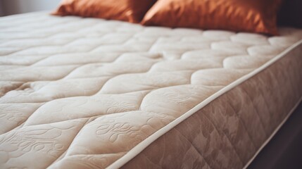 Fototapeta na wymiar Close up of fluffy mattress in modern bright bedroom