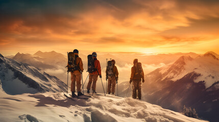 Alpenglow Majesty: Skiers on Summit at Sunset in the Mountains, generative ai 