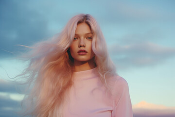 Fototapeta premium portrait of a woman/model with long pastel blonde hair in sunset setting in a fashion/beauty editorial advertisement magazine style film photography look hair dye - generative ai art
