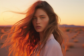Fototapeta premium portrait of a woman/model with long brown hair in pastel sunset setting in a fashion/beauty editorial advertisement magazine style film photography look hair dye - generative ai art
