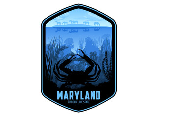 Maryland vector label with blue crab and Assateague island horses