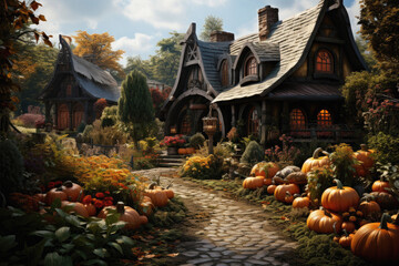 Halloween spooky background, scary jack o lantern pumpkins in creepy dark Happy Haloween ghosts horror mysterious night village street garden with old haunted house mystic backdrop.