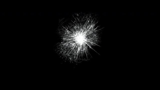 Glass shattering with particles and debris flying as if from bullet hits due to gun shots or rioting damage, 4k 24p with alpha channel for transparency and simple compositing