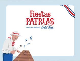 VECTORS. Editable banner for the Patriotic Holidays in Costa Rica, Independence Day, September. Costa Rican man playing the marimba (musical instrument), playing folkloric music
