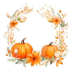 Naklejka na ściany i meble Watercolor style thanksgiving theme frame with pumpkins and autumn leaves over isolated transparent background