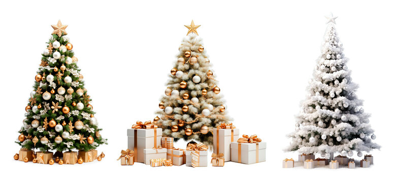 Set of three delicate Christmas trees in soft tones over isolated transparent background