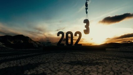 The end of the year 2023 and the start of 2024. Animation of a crane's hook changing the number of the year.
