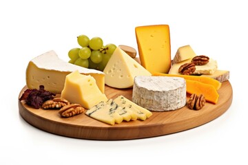 Wooden board with different types of cheese on a white background
