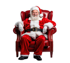 Santa Claus sitting on a leather chair and smiling to the camera. Isolated transptent background