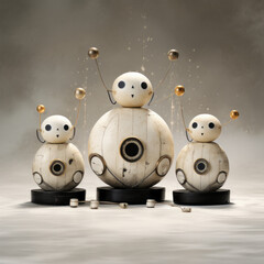 Obraz premium Creative Christmas composition of three cute little robots with headphones. Xmas and New Year winter holidays concept.