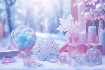 soft pastel winter scene with perfumes and flowers. Winter self care and cosmetics concept.