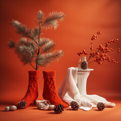 Christmas stockings with cones and branches of the Christmas tree.