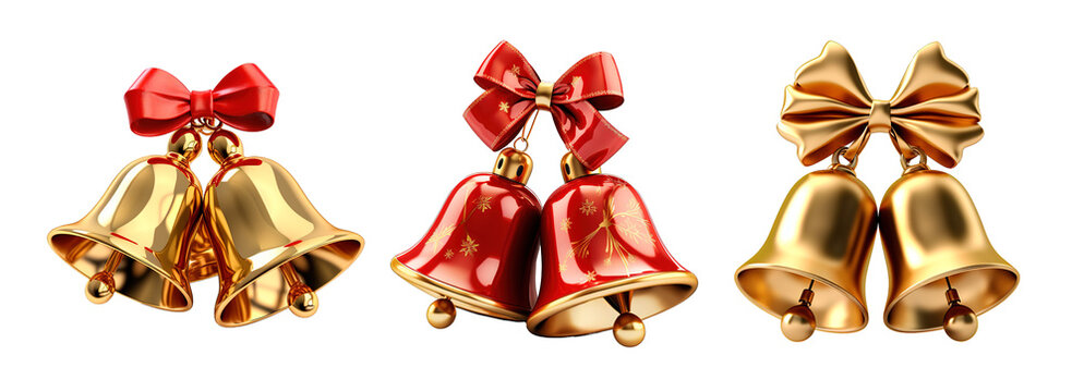 Set of gold Christmas bells over transparent and white background