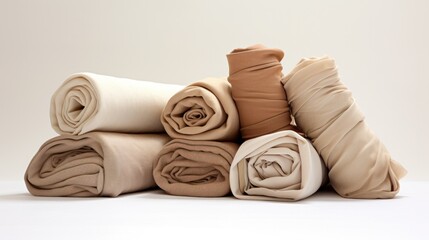 Rolls of beige color fabric on white table. Shades of brown colored. - obrazy, fototapety, plakaty