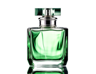 Isolated Green bottle of perfume , dark gray and indigo, glossy finish.
