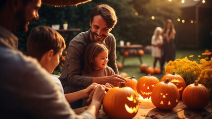 Photo of group of people gathered around a table with creatively carved pumpkins