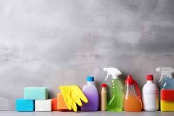 Bucket with cleaning products on the table on a gray background