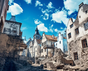 Fototapeta premium The old buildings in Tallinn, Germanic town, contemporary take on medieval art, realistic blue skies, gothic architecture.