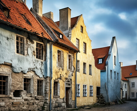 The old buildings in Tallinn, Germanic town, contemporary take on medieval art, realistic blue skies,  gothic architecture.