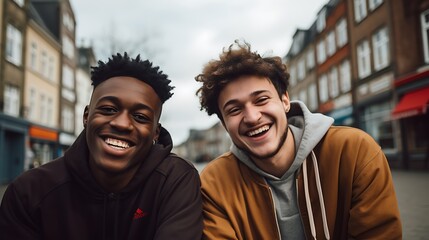 Two young african american men smiling and looking at camera in city