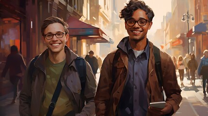 Obraz premium Portrait of two young men smiling while walking in the city.