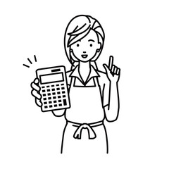 a woman in cafe apron recommending, proposing, showing estimates and pointing a calculator with a smile
