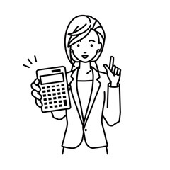 a woman in business suit style recommending, proposing, showing estimates and pointing a calculator with a smile