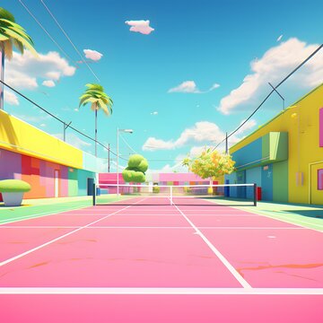 A vibrant summer photo showcases a tennis and pickleball court, bursting with energy and color