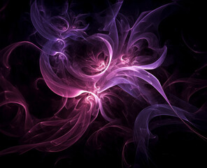 Fototapeta premium Black background with purple feathers, pink and black, swirling vortexes, focus stacking, fractalize, spirals, sharp & vivid colors, purple fractal artwork, small brushstrokes.