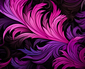 Black background with purple feathers, pink and black, swirling vortexes, focus stacking, fractalize, spirals, sharp & vivid colors, purple fractal artwork, small brushstrokes.