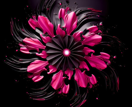 Abstract pink flower splatter on black background, spiral vortex patterns, dark purple and light black, sculptural and geometric, free brushwork.