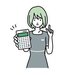 立って電卓を持ってこちらに向けて見せているエステ店員・受付・接客係の女性