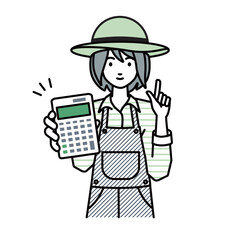 立って電卓を持ってこちらに向けて見せている農家の女性