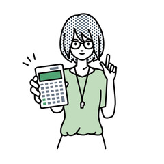 立って電卓を持ってこちらに向けて見せている教師の女性