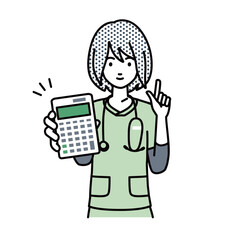 立って電卓を持ってこちらに向けて見せている看護師の女性