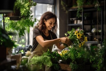 Cheerful flower arranger taking care of a plant in her shop. Generative AI - obrazy, fototapety, plakaty