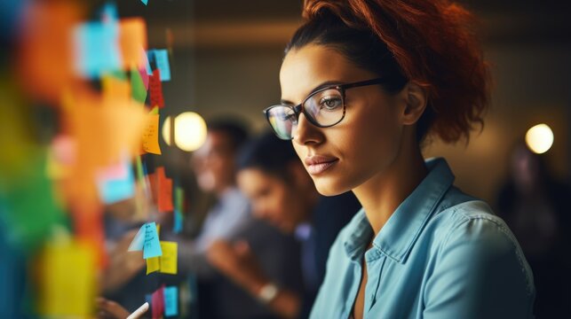 Web designer is working with brainstorming board full of sticky note from colleague