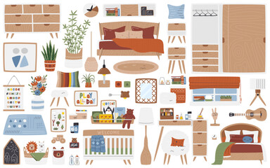 Bedroom interior design furniture. Mid century modern style collection including nursery, teen and master room. Hygge home decor. Domestic objects. Big bedtime set hand drawn flat vector illustration