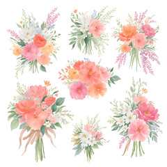 Set watercolor flowers painting, Flower bouquet colorful, flowers set for invitation, greeting card, decoration, Peony, ranunculus. Floral pastel watercolor arrangement. Isolated on white background.