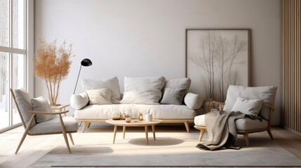 Light living room interior in a Scandinavian style. Generative AI