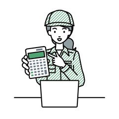 座ってデスクでノートPCを開いて電卓を指差してこちらに向けて見せている作業員の女性